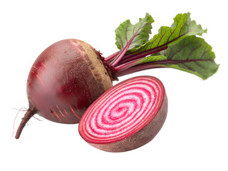 Fresh Organic Whole and Sliced Red Beetroots with Green Leaves Isolated on White