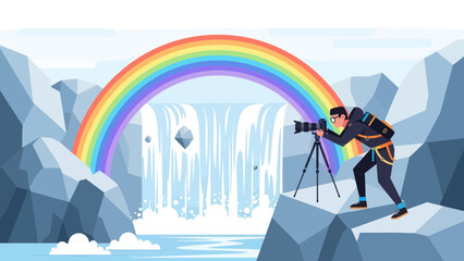 Photographer Capturing Waterfall Landscape Under A Rainbow With Professional Camera