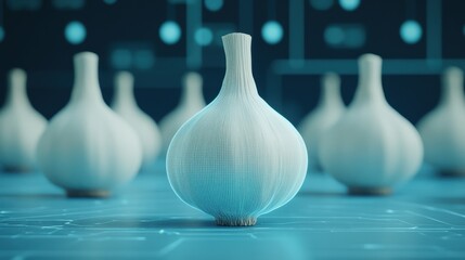 Digital garlic bulbs rendered with a futuristic, tech-inspired design, set against a virtual, circuit-like background.