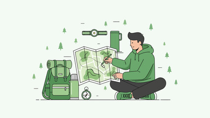 Planning Adventure Trip In Nature With Man Using A Topographic Map