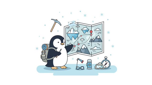 Penguin Adventure: A Cartoon Penguin Planning a Mountaineering Expedition