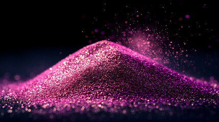 Shimmering pile of pink powder stands out against black background in studio setting