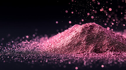 Pink glitter is scattered on a dark surface during a crafting activity in a brightly lit room