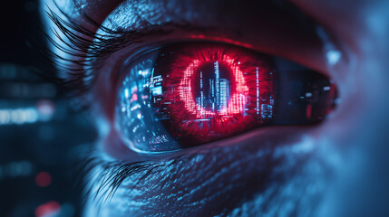 Close view of a human eye with a digital cityscape reflected in the iris during nighttime