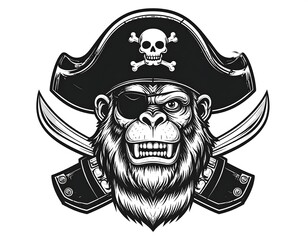 Naklejka premium A pirate ape with a hat, eyepatch, crossed swords, and skull