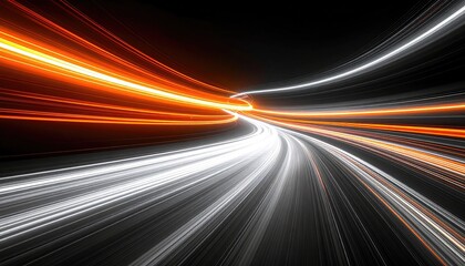 Blurry streaks of orange and white light race across a dark background, creating sense of speed and dynamic movement