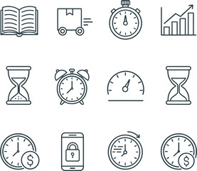 Time management and business productivity icon set featuring stopwatches hourglasses alarm clocks and financial growth bar charts.