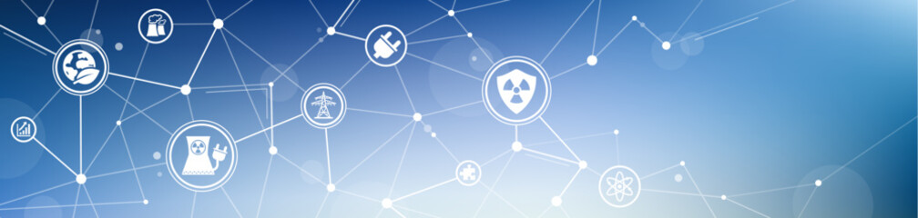 Nuclear / atomic energy vector. Blue concept with icons related to electricity generation, power plant or thermal power station, clean / sustainable or green energy, fission technology.