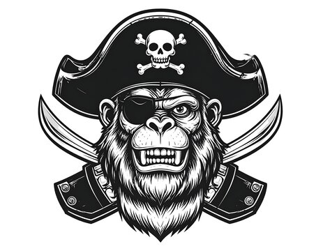 A pirate ape with a hat, eyepatch, crossed swords, and skull