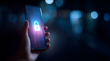 Hand Holding Smartphone with Glowing Lock Icon Privacy Protection Concept Blue Bokeh Background