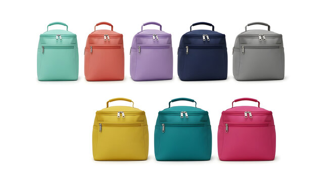 Collection of eight colorful insulated lunch bags with handles and zippers, isolated on a white background. Modern cooler bags in vibrant assorted colors for daily use.