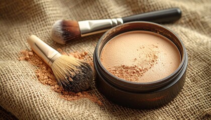 Brown loose powder with two makeup brushes on a burlap surface, ready for makeup application and enhancing beauty