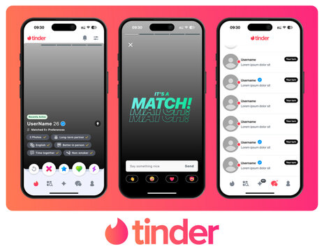 Tinder dating app UI mockups template vector design with swipe cards, matches, chat and profile screens, modern mobile interface including official logo for UI UX presentation and app previews.
