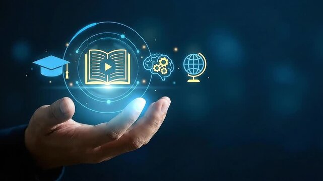 Digital Education and Future Learning Concept with Hand Holding Glowing Icons