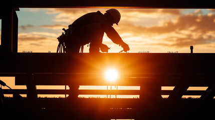 Construction worker at sunset preparing materials on site in urban area