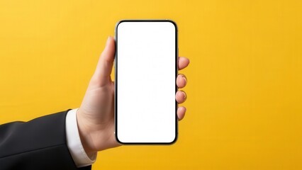 Hand holding a white empty touch screen smartphone.