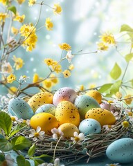 Easter Background with Nest and Pastel Spring Flowers
