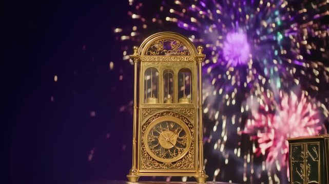 Golden Clock Displayed with Fireworks in the Background Celebration.