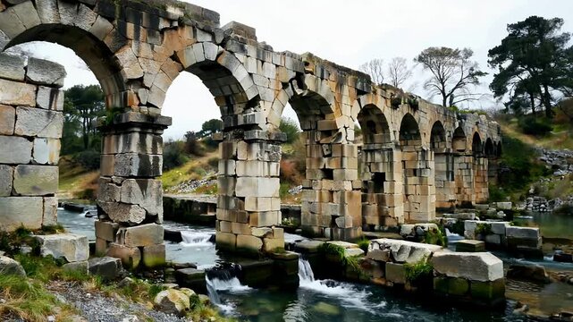 Ancient Stone Arch Bridge Spanning a River Scene.