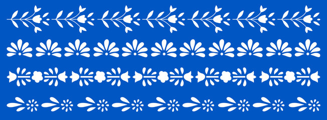Hand drawn floral flower lace pattern elements collection vintage Italian Greek or Mediterranean style vacation vector illustration in white on blue background color