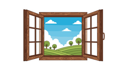 Open wooden window offering a beautiful view of green rolling hills with scattered trees under a bright blue sky with fluffy clouds.
