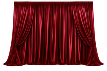 Red velvet theater curtains hanging on stage, drapery creating an elegant background for a performance or event, transparent background
