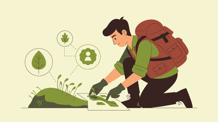 Fototapeta premium Outdoor Adventure Illustration Man Examining Map Backpacking in Wilderness Exploration