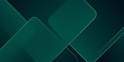 Dark green abstract background with gold lines and shadow. Geometric shape overlap layers. Transparent squares. Modern luxury rounded squares graphic pattern banner template design