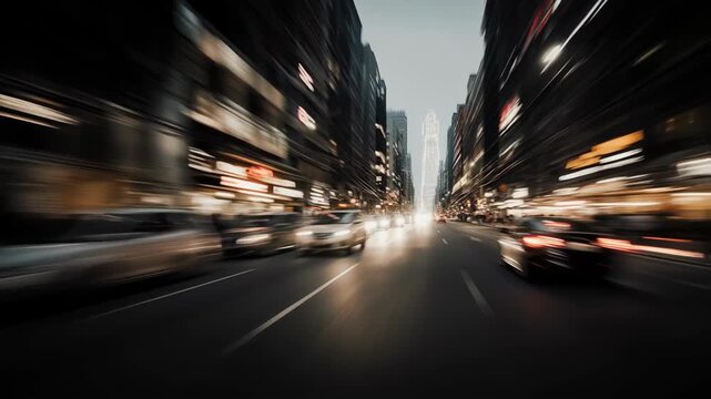 Dynamic Urban Night Scene with Motion Blur and Watch Out Text Overlay.