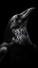 Obraz premium Mysterious Close-up Portrait of a Black Crow Against Dark Background