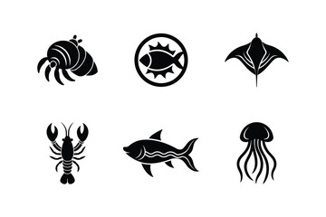Vector Set of Ocean Animal Silhouettes. Set of Black Silhouettes of Ocean Animals. Vector Set of Fish Silhouettes
