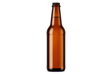 Brown amber glass bottle containing dark alcoholic beverage. Blank unbranded packaging for beer, soda, or other liquid
