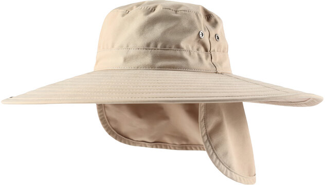 Isolated widebrim hat with neck flap on white background showing detailed UVprotective fabric texture and design for sun safety outdoors.