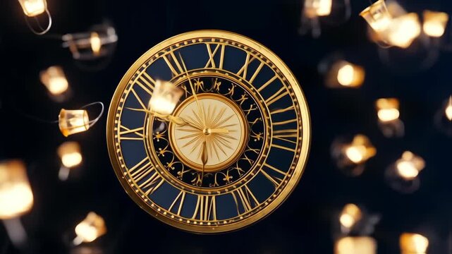 Golden Clock Face with Roman Numerals and Blurry Lights on Dark Background.