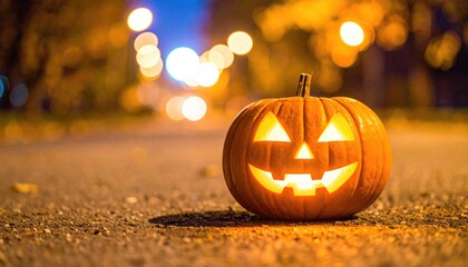 Glowing jack-o'-lantern on asphalt surface surrounded by blurred lights and trees at night