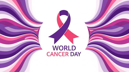 World Cancer Day ribbon and abstract waves a symbol of awareness and support for cancer patients isolated on white background