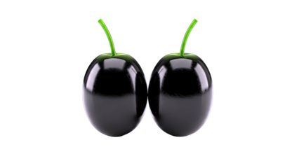 Two Shiny Black Olives with Green Stems
