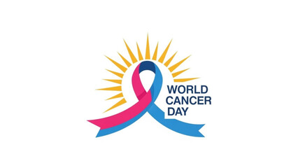 World Cancer Day ribbon logo with sun rays symbolizing hope and awareness for cancer research and support isolated on white