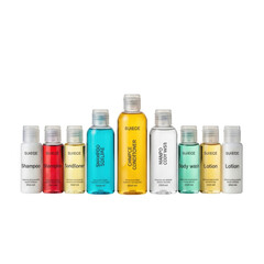 Assortment of small plastic bottles containing toiletries and personal care products png isolated transparent background
