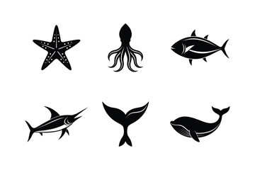 Vector Set of Ocean Animal Silhouettes. Set of Black Silhouettes of Ocean Animals. Vector Set of Fish Silhouettes
