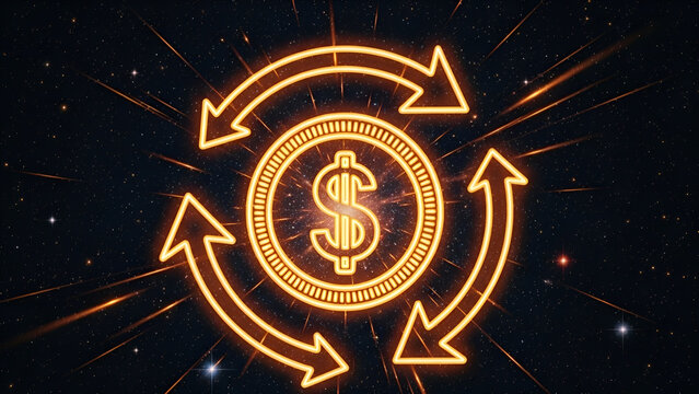 Neon dollar sign with circulating arrows, symbolizing financial exchange, digital currency flow, and continuous economic transactions in a vibrant, futuristic concept