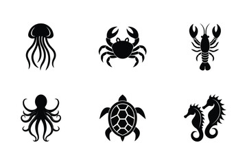 Vector Set of Ocean Animal Silhouettes. Set of Black Silhouettes of Ocean Animals. Vector Set of Fish Silhouettes
