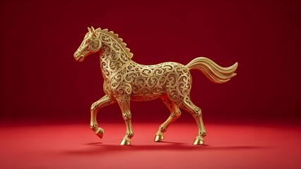 Obraz premium Golden horse figurine celebrating chinese new year with auspicious red background