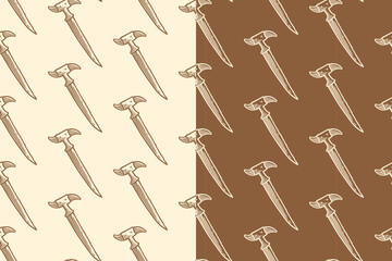Claw hammer engraved seamless pattern on tan beige background set for carpentry. Craftsman hammer tool hatching pattern background for workshop. Construction hammer line art motif for industry