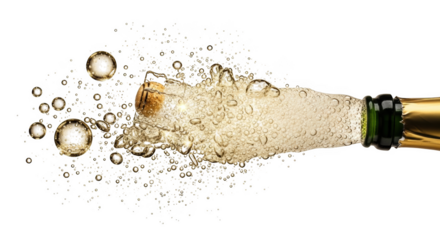 Champagne bottle cork popping with golden bubbles and foam exploding on png isolated transparent background black background
