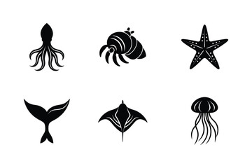 Vector Set of Ocean Animal Silhouettes. Set of Black Silhouettes of Ocean Animals. Vector Set of Fish Silhouettes

