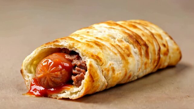 Cooking pastry wrapped hot dog snack close up.