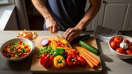 Hands chopping colorful bell peppers on a wooden board with various fresh vegetables like zucchini carrots and tomatoes