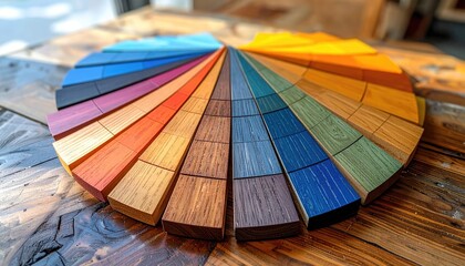 Obraz premium Circular color swatch showcasing vibrant hues on wooden blocks atop a textured wooden surface with natural lighting