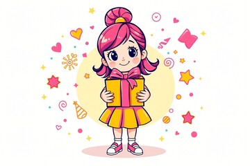 Playful Cartoon Girl With Fun Objects | Colorful Modern Flat Vector Illustration